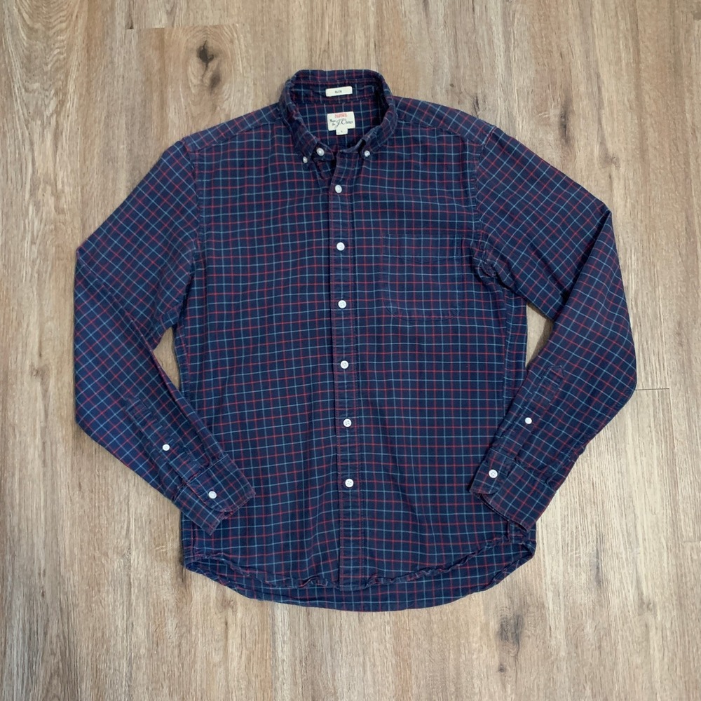 J.Crew plaid all cotton oxford slim button up shirt in navy red - small mens